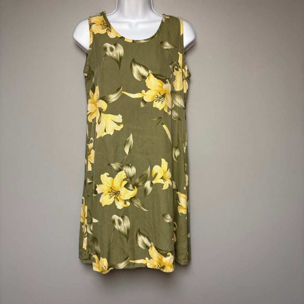 Tommy Bahama 100% Silk Olive Green Tropical Sleeveless Shift Dress Sz S